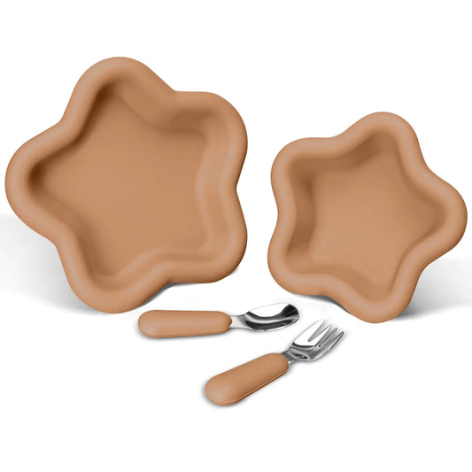 TinyHalo 4pcs Silicone Feeding Set for Toddlers Silicone Star Plates with Fork and Spoon Food Grade Silicone Tableware for Kids BPA Free and Dishwasher-Friendly (Clay)