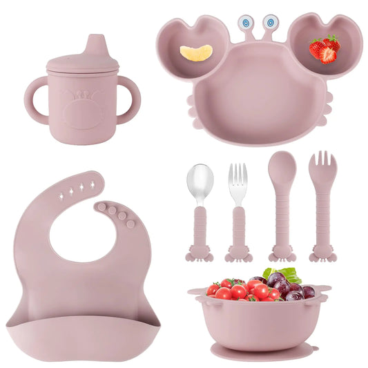 Silicone Baby Feeding Set with BPA-Free Suction Plates Bowl Silicone Bibs Sippy Cup 2 Set Forks and Spoons for Babies 8PCS Baby Led Weaning Supplies Self Feeding Utensils for Toddlers Kids (Pink)