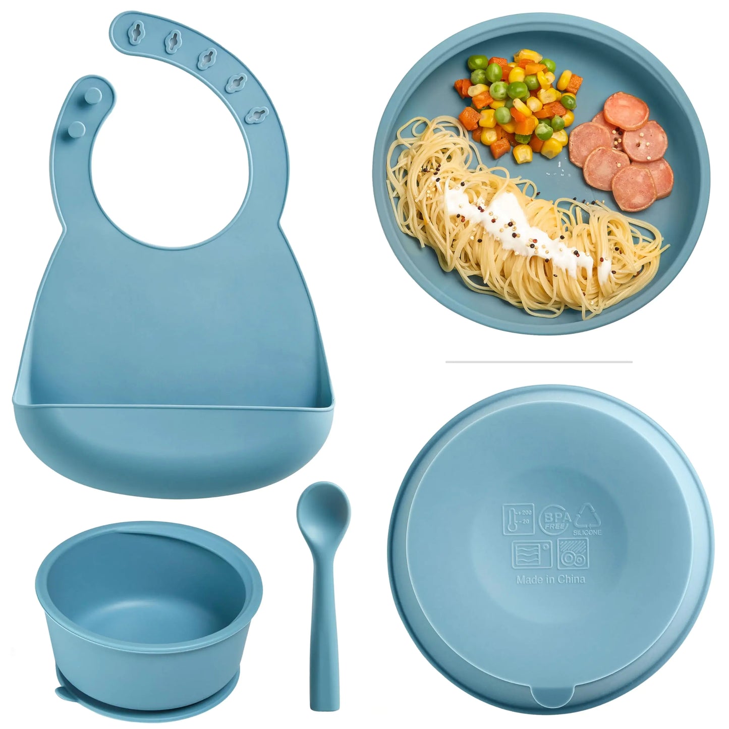 KUB Silicone Baby Feeding Set Self Feeding Baby Utensils with Suction Baby Bowl Plate Blue
