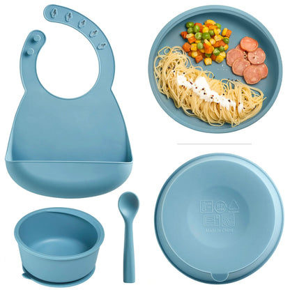 KUB Silicone Baby Feeding Set Self Feeding Baby Utensils with Suction Baby Bowl Plate Blue