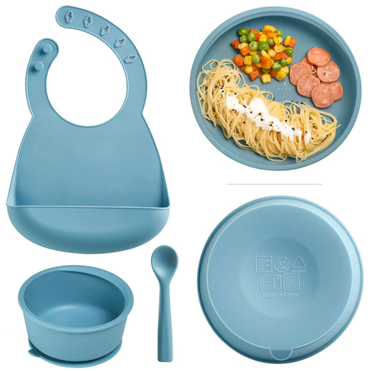 KUB Silicone Baby Feeding Set Self Feeding Baby Utensils with Suction Baby Bowl Plate Blue