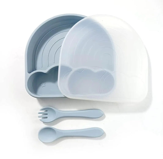 Made by Tushi | Cloud & Rainbow Silicone Feeding Set | Silicone Plates | Toddler Dishes | Silicone Suction Plates | Baby Dishes| Spoon Fork Lid | Food Grade Silicone | (Ice Blue)