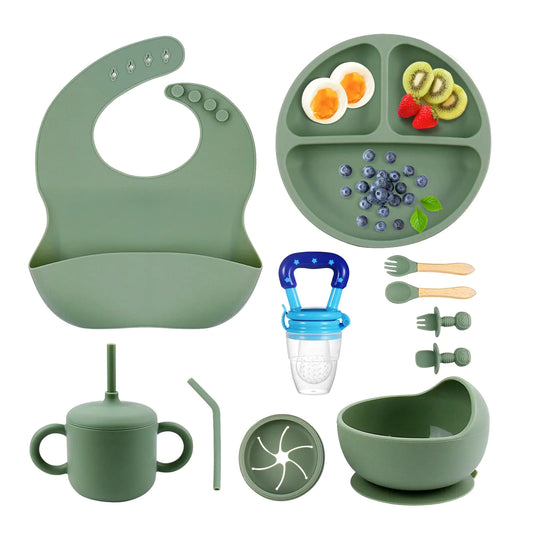 SHGMEET Silicone Baby Feeding Set Baby Feeding Essentials Baby Suction Bowl Plates Bib Spoons set Baby Led Weaning Supplies to Develop Self-feeding Skills Dishwasher Safe (Green)
