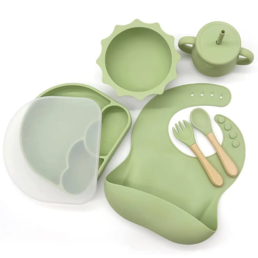 KCMI’s Baby-Led Weaning Supplies: Silicone Feeding Set with Bibs Suction Bowl Divided Plate Cup and Self-Feeding Spoons for Babies and Toddlers - [Green]