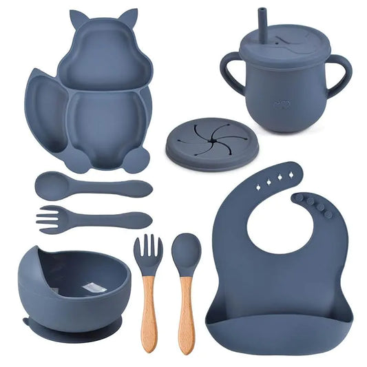 Baby Silicone Feeding Set for 3 Months and Up-Bowl with Suction Divided Plate Cup W/Straw & Snack Lid & More - BPA free-Toddler Self Feeding Utensils - Baby Led Weaning (Set of 9) (Blue) Regular