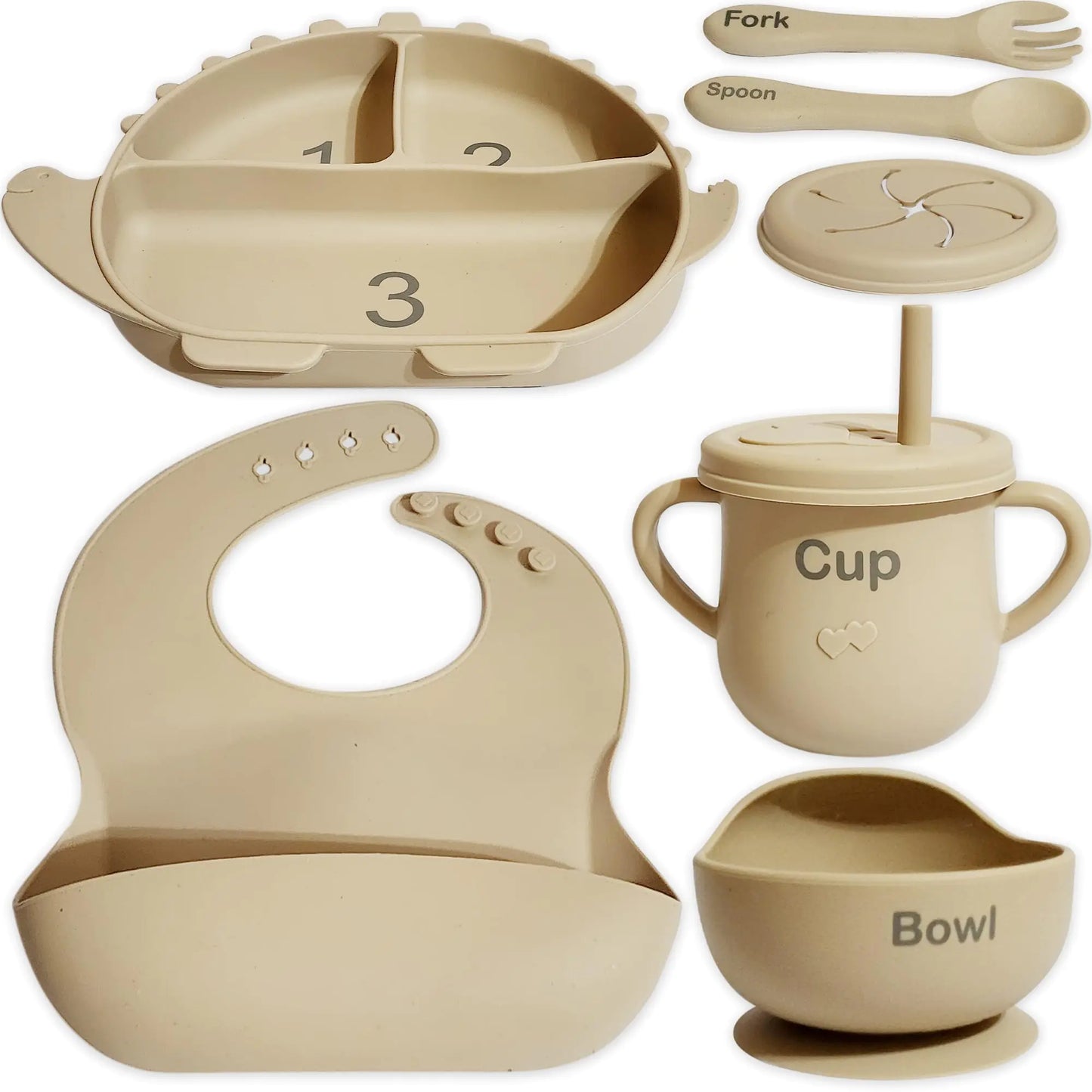 Dinosaur-Themed Baby Silicone Feeding Set - BPA-Free Microwave Safe Adorable Dino Designs Beautiful Packaging biege