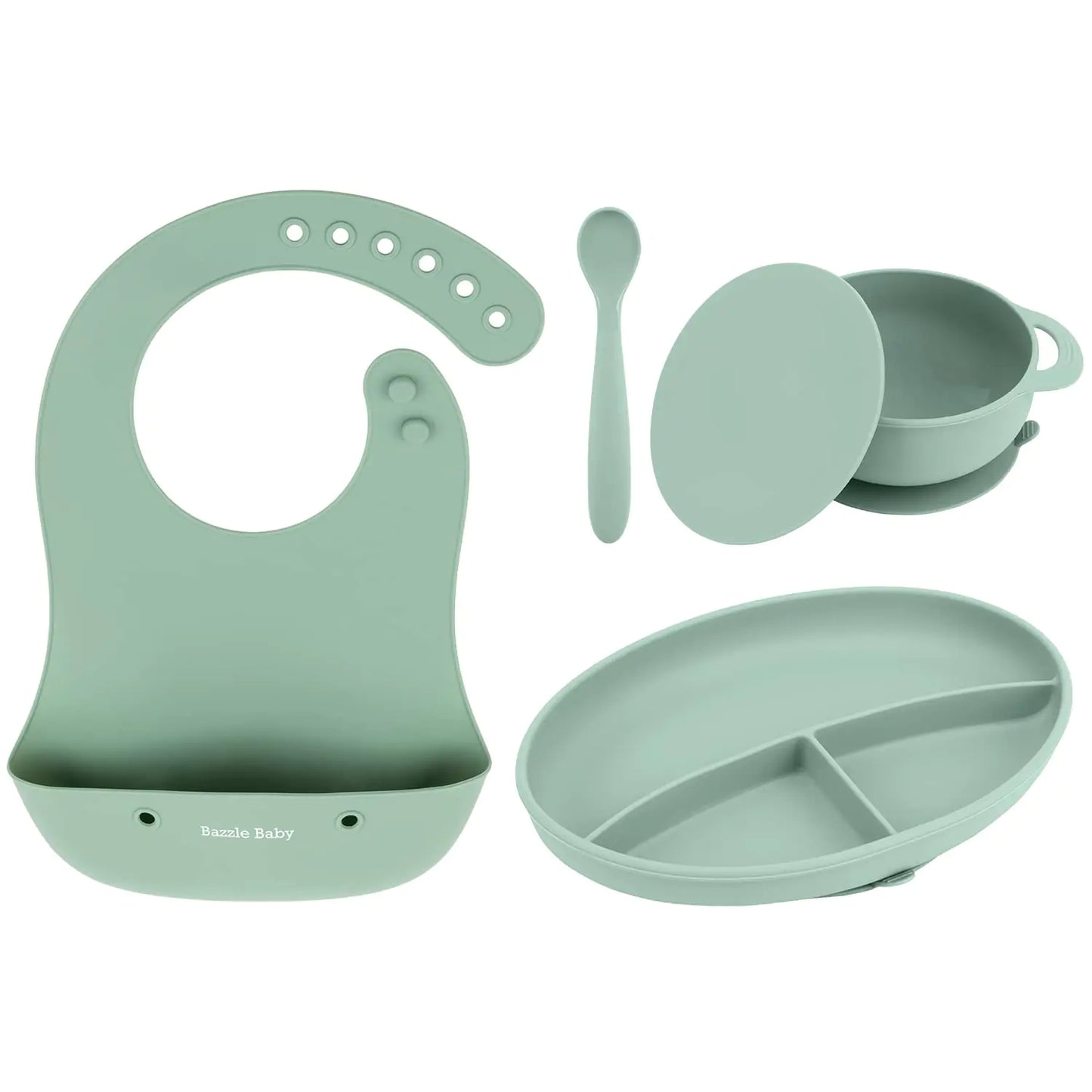 Bazzle Baby Silicone Feeding Set - Premium Silicone Roll Up Bib Suction Plate Bowl Lid with Spoon