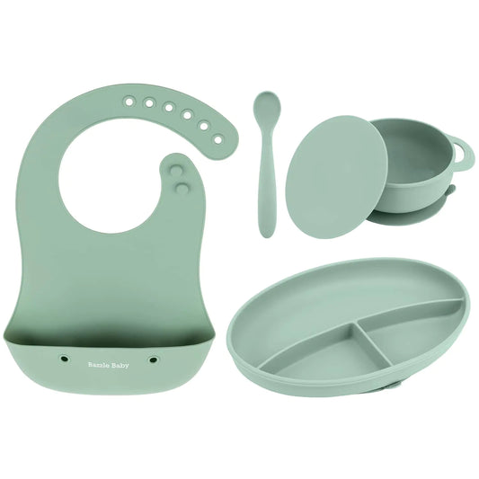 Bazzle Baby Silicone Feeding Set - Premium Silicone Roll Up Bib Suction Plate Bowl Lid with Spoon