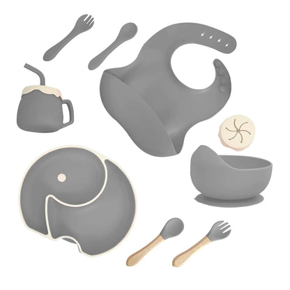 ARCASA Baby Silicone Feeding Set 9 Pcs Baby Plates and Utensils Set Baby Utensils Includes Placemat Suction Plate Bowl Adjustable Bib Sippy Cup Fork Spoon Baby Utensils 6+ Months (Blue)