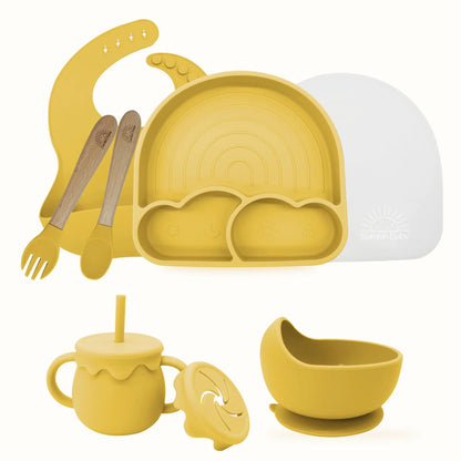 Samish Baby Led Weaning Supplies - Silicone Baby Feeding Set - Complete Toddler Self Feeding Dish Set with Suction Bowl Divided Plate - Baby Spoons Self Feeding 6 Months - Adjustable Bib - (Mango)