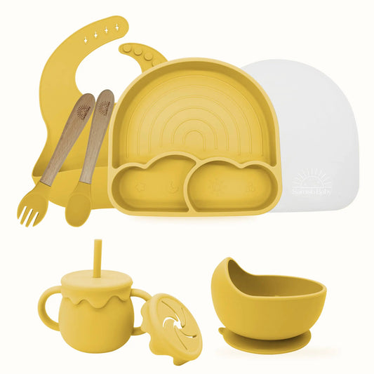 Samish Baby Led Weaning Supplies - Silicone Baby Feeding Set - Complete Toddler Self Feeding Dish Set with Suction Bowl Divided Plate - Baby Spoons Self Feeding 6 Months - Adjustable Bib - (Mango)
